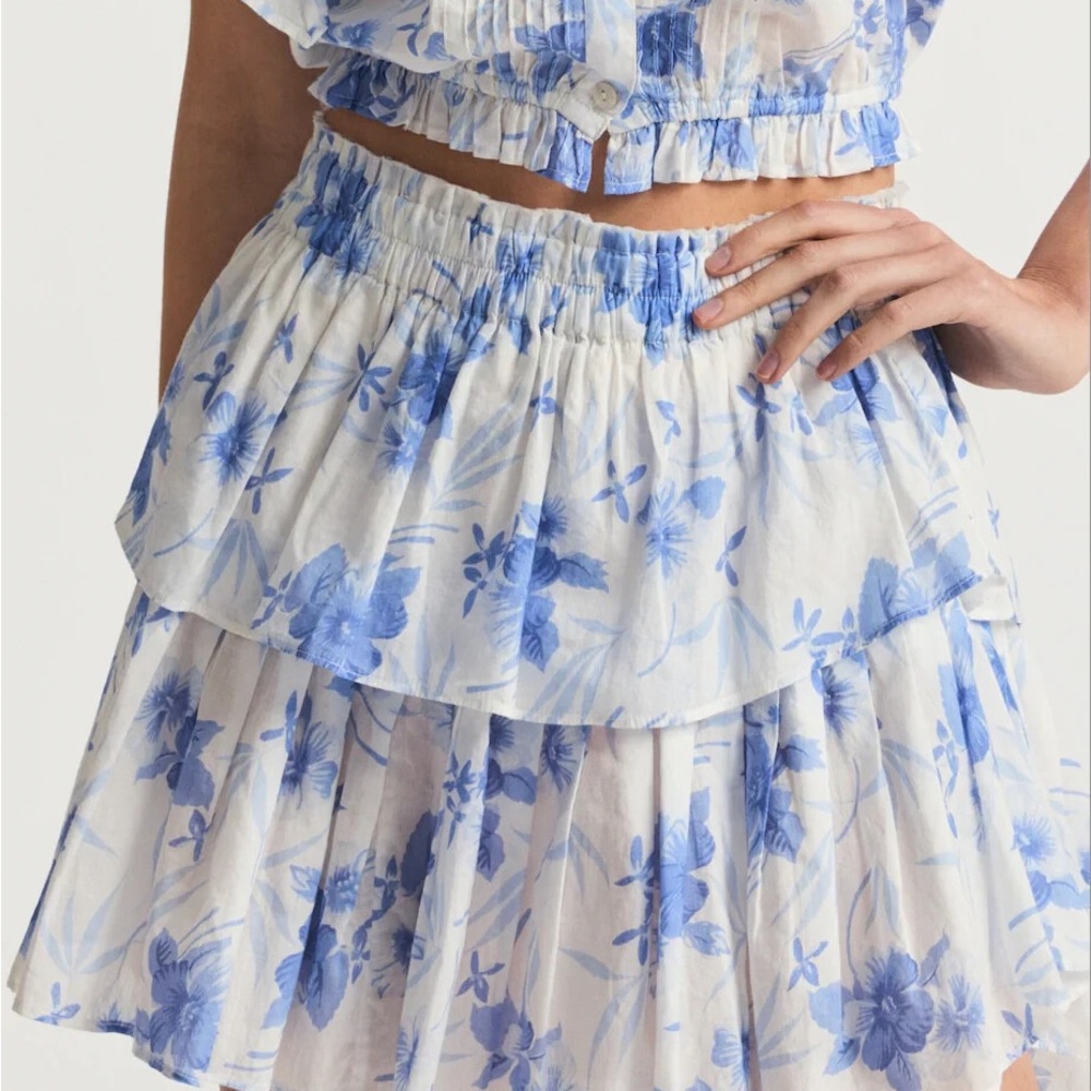 LoveShackFancy White Mini Skirt with Blue Floral Print